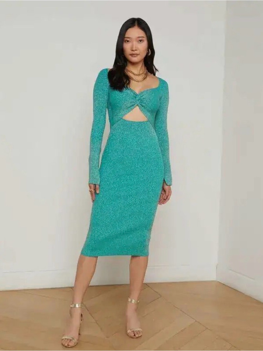 New L'AGENCE Boa Twist-Front Knit Cutout Sweater Dress